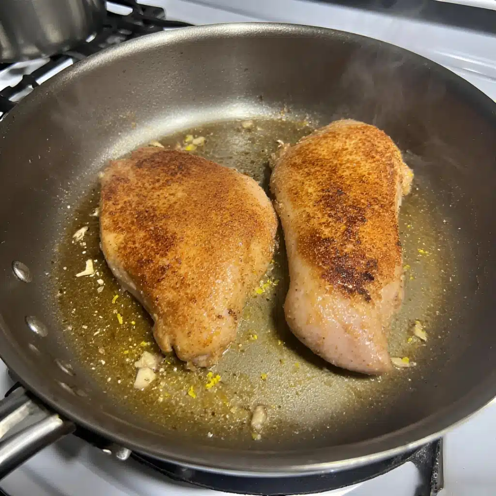 Lemon Garlic Chicken with Roasted Veggies (Gluten Free, 20 Minutes) 4 searing chicken for lemon garlic chicken with roasted v
