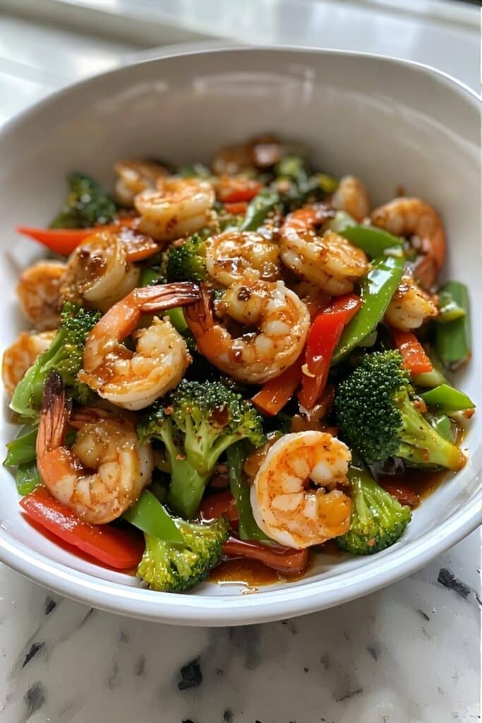 Shrimp Stir Fry with Tamari Sauce (Easy & Flavorful) 2 Shrimp stir fry with tamari sauce and vegetables close up shot