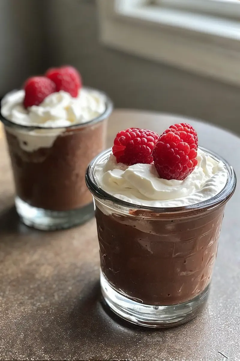 Dairy Free Chocolate Pudding (Vegan, Creamy & Quick) 1 Dairy free chocolate pudding in glass jars topped with whipped coconut cream