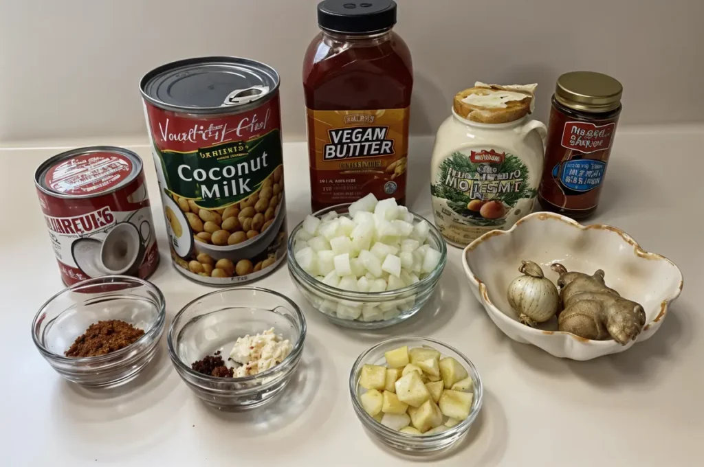Dairy-Free Butter Chickpeas – Creamy, High-Protein, Budget-Friendly Curry 2 Ingredients for dairy-free butter chickpeas laid out on kitchen counter.