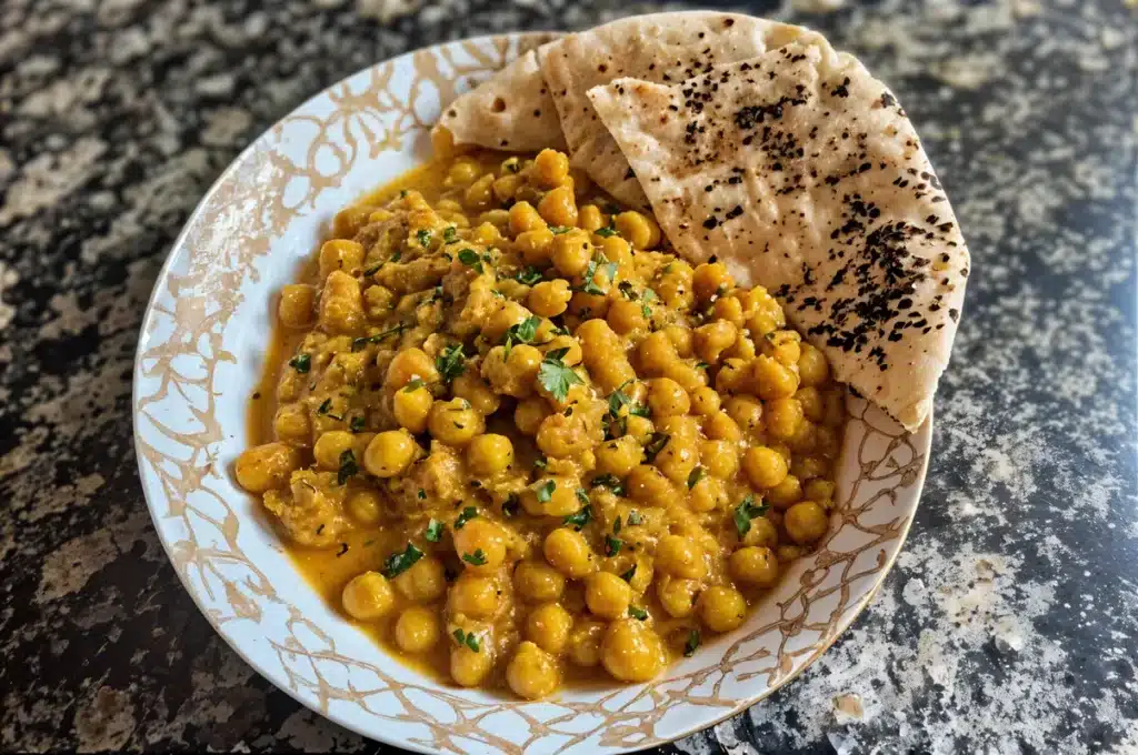 Dairy-Free Butter Chickpeas – Creamy, High-Protein, Budget-Friendly Curry 5 Bowl of dairy-free butter chickpeas with naan bread.