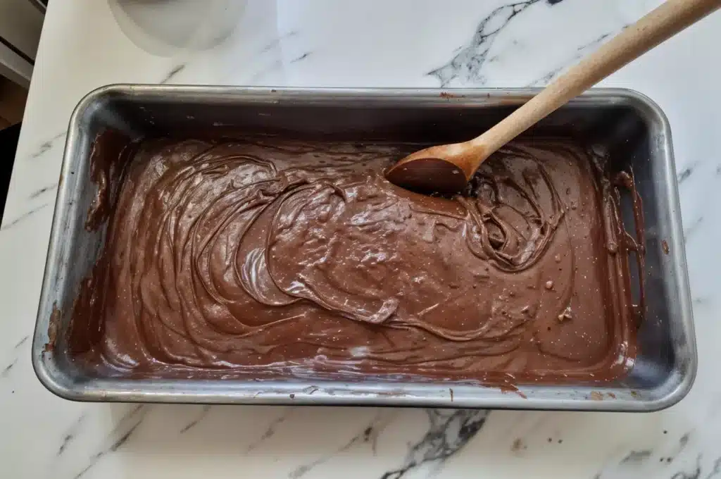 Chocolate Dairy-Free Ice Cream – Budget-Friendly Healthy Dessert 4 Chocolate ice cream mixture in a loaf pan before freezing.