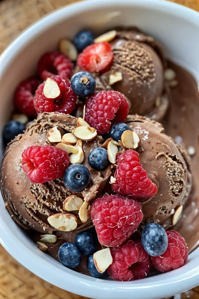 Chocolate Dairy-Free Ice Cream – Budget-Friendly Healthy Dessert 6 Chocolate dairy-free ice cream topped with berries and almonds.