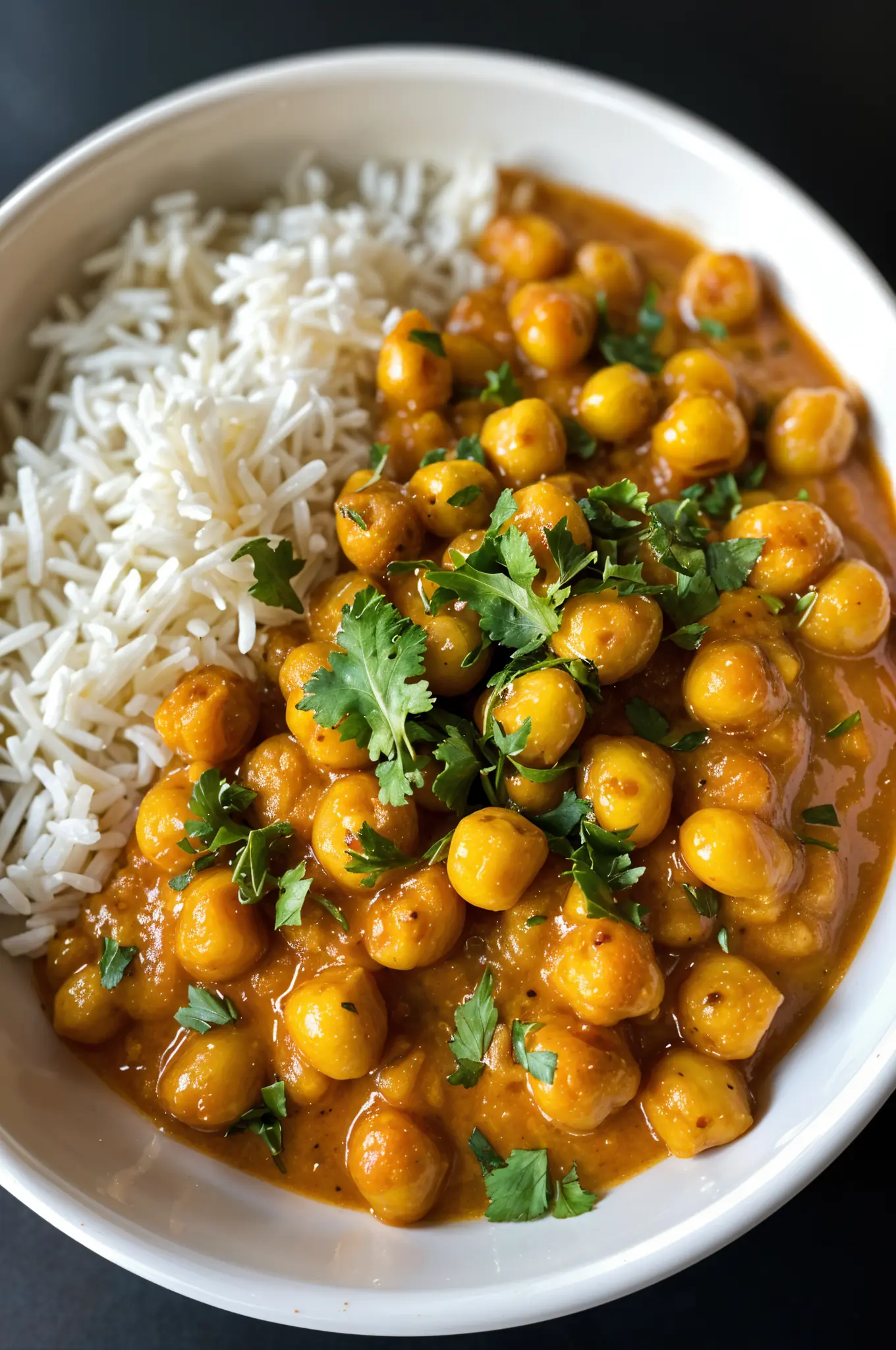 Dairy-Free Butter Chickpeas – Creamy, High-Protein, Budget-Friendly Curry 1 Bowl of dairy-free butter chickpeas with rice and cilantro