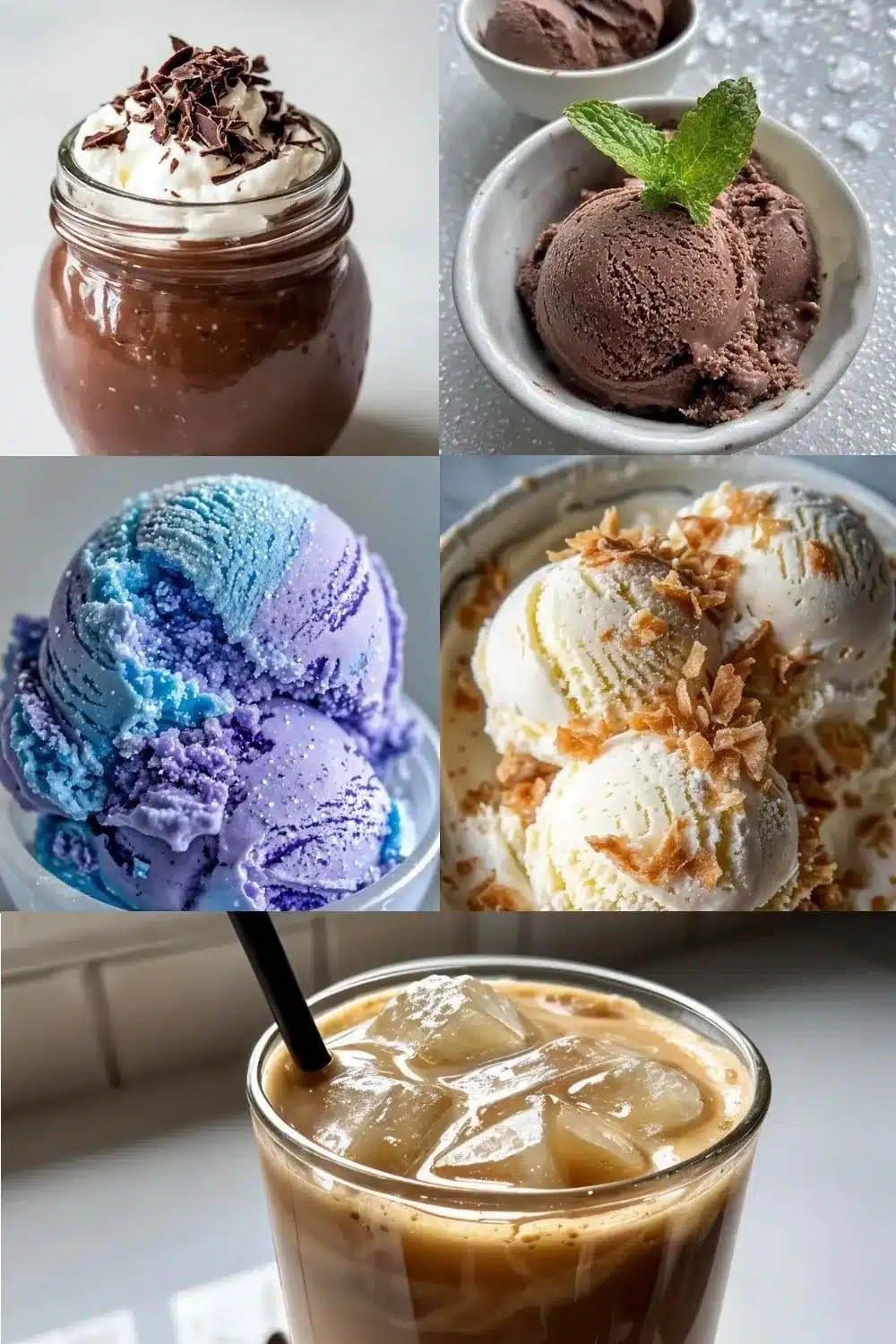 Ultimate Dairy-Free Dessert Recipes (No-Bake, Creamy, & Kid-Friendly) 1 Assorted dairy-free desserts including chocolate pudding, coconut milk ice creams, and iced protein coffee