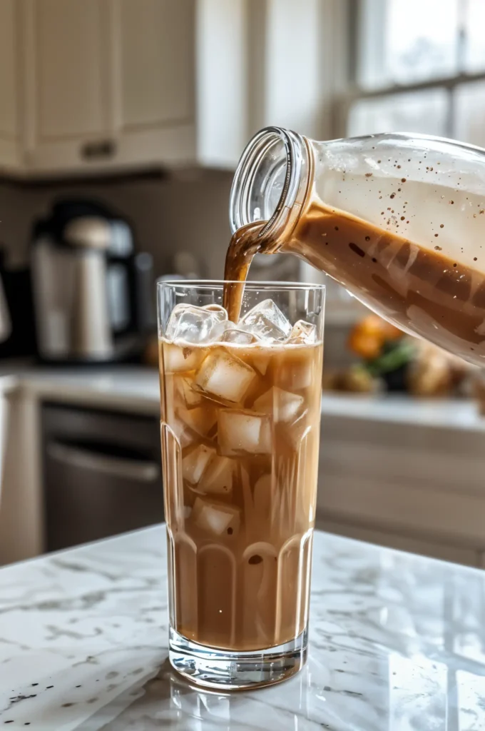 Skinny Proffee Coffee – High-Protein, Dairy-Free, and Budget-Friendly 3 Pouring protein coffee over ice cubes into a glass.