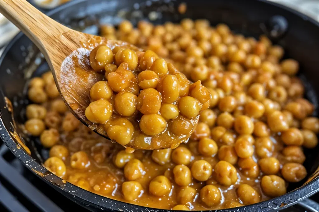 Dairy-Free Butter Chickpeas – Creamy, High-Protein, Budget-Friendly Curry 4 Spoon scooping dairy-free butter chickpeas from pan.