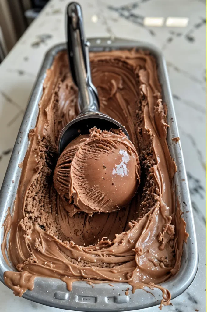 Chocolate Dairy-Free Ice Cream – Budget-Friendly Healthy Dessert 5 Scoop of chocolate dairy-free ice cream being served.