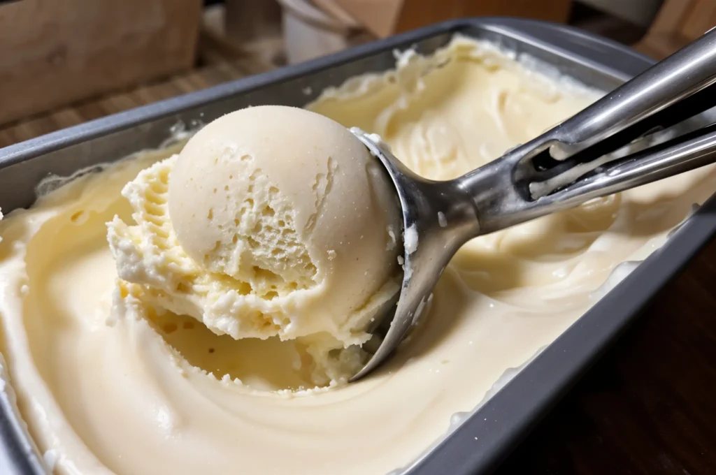 Creamy Coconut Milk Ice Cream – Dairy-Free, No-Churn Recipe 6 Scoop of coconut milk ice cream being served.