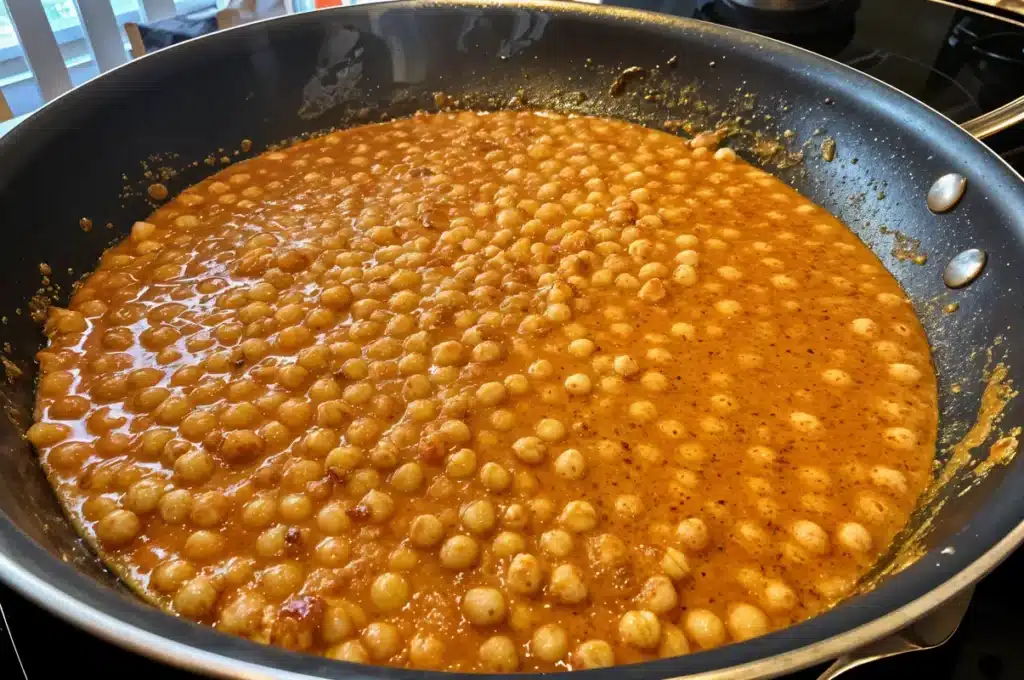 Dairy-Free Butter Chickpeas – Creamy, High-Protein, Budget-Friendly Curry 3 Dairy-free butter chickpeas simmering in a skillet.
