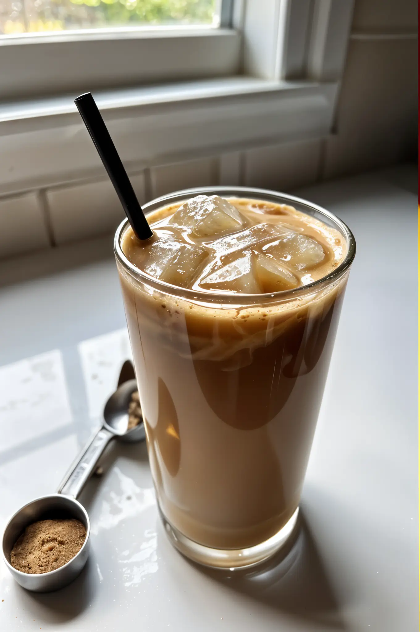 Skinny Proffee Coffee – High-Protein, Dairy-Free, and Budget-Friendly 1 Glass of skinny proffee coffee over ice with straw.