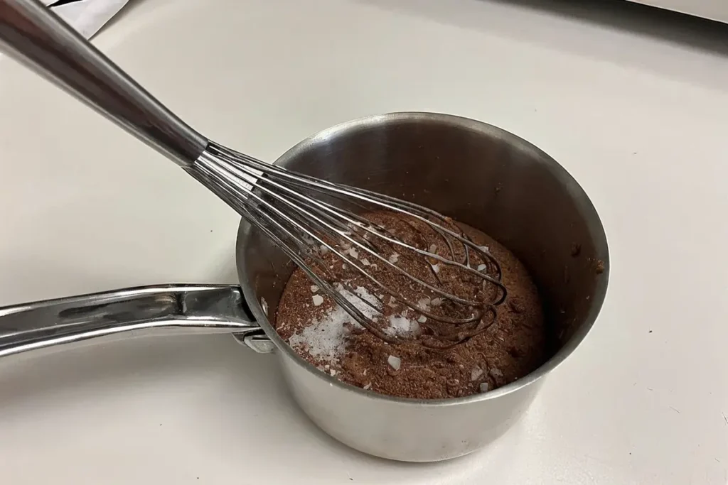 Dairy Free Chocolate Pudding (Vegan, Creamy & Quick) 3 Cocoa powder and cornstarch being whisked in a saucepan