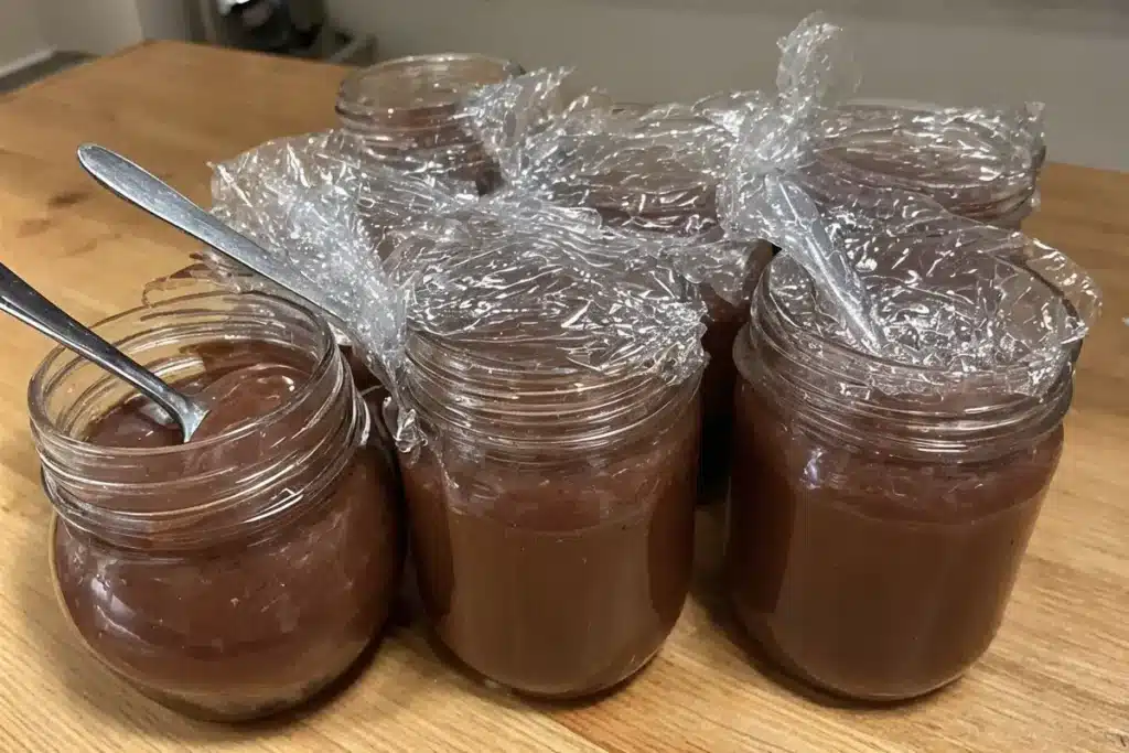 Dairy Free Chocolate Pudding (Vegan, Creamy & Quick) 5 Dairy free pudding being poured into jars before chilling
