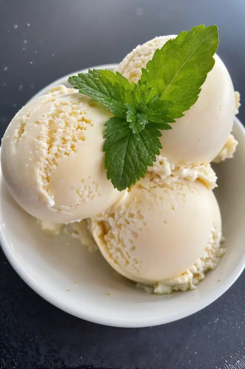 Creamy Vanilla Dairy-Free Ice Cream – Budget-Friendly Healthy Dessert 1 Creamy vanilla dairy-free ice cream scoops in a bowl.