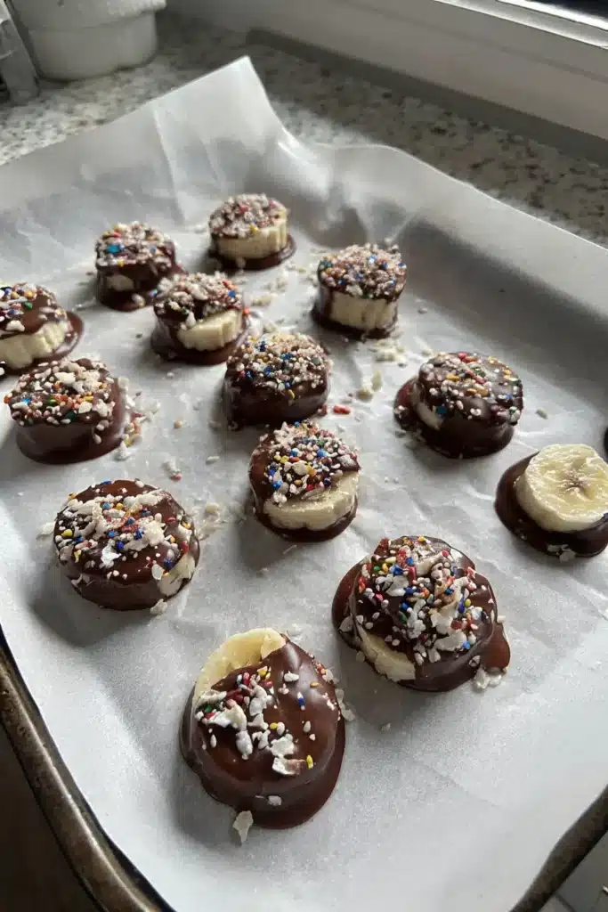 Easy Nut-Free Dairy-Free Snacks (Kid-Approved + Allergy-Safe) 8 Frozen banana bites served with dairy-free toppings in a ceramic bowl