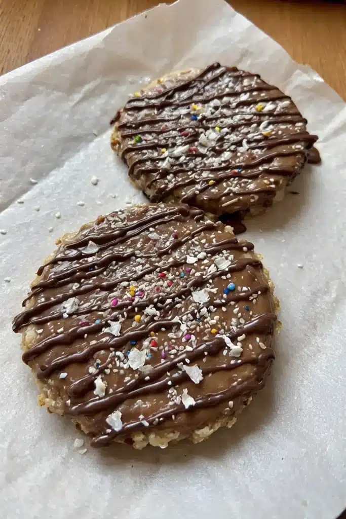 Easy Nut-Free Dairy-Free Snacks (Kid-Approved + Allergy-Safe) 9 SunButter chocolate rice cakes topped with dairy-free chocolate and sprinkles